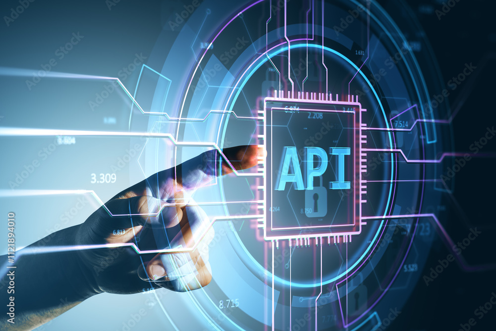 Poster Futuristic digital API interface with a glowing circuit and a hand interacting with it on a blue background.