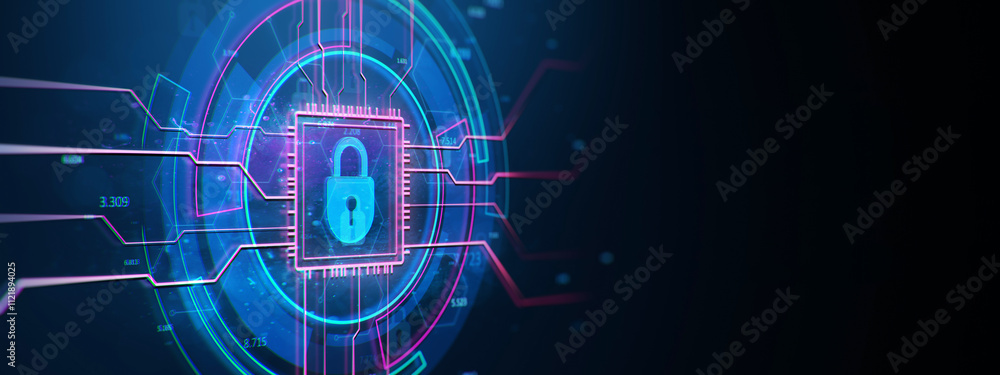 Poster Neon padlock symbol in a digital circuit design on a blue background, representing cybersecurity and data protection. 3D Rendering