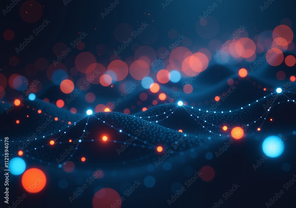 Poster dark digital background features glowing nodes set amidst abstracted digital landscape interconnecte