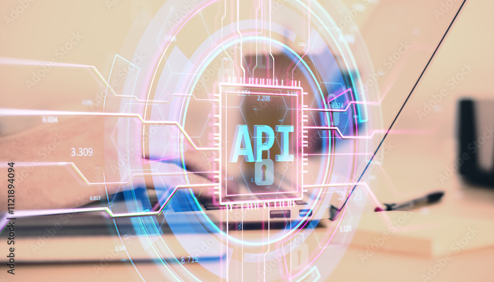 Poster Abstract holographic interface displaying API concept over a desk with a blurred background.