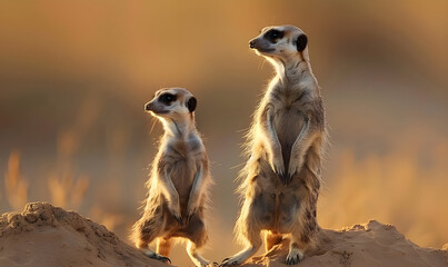 Fototapeta premium Two meerkats standing upright on sand dune at sunset.