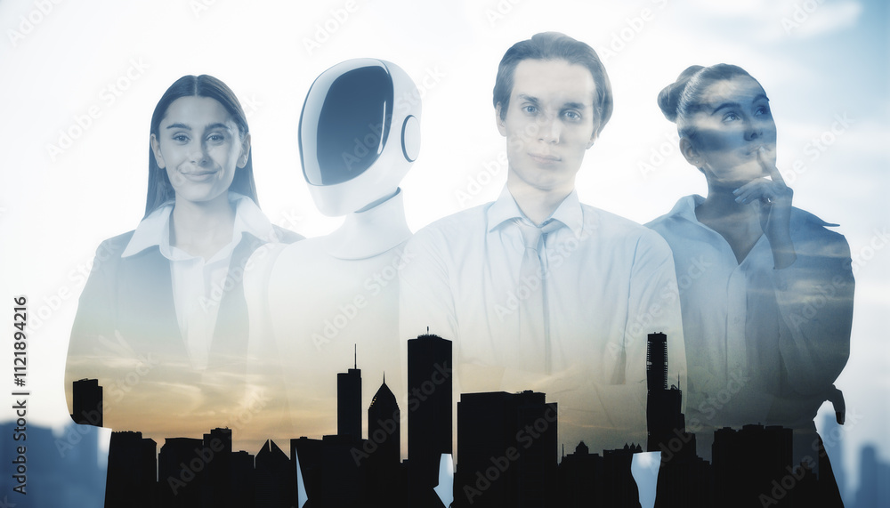 Aufkleber businesspeople and robot with cityscape in the background representing teamwork and innovation in te