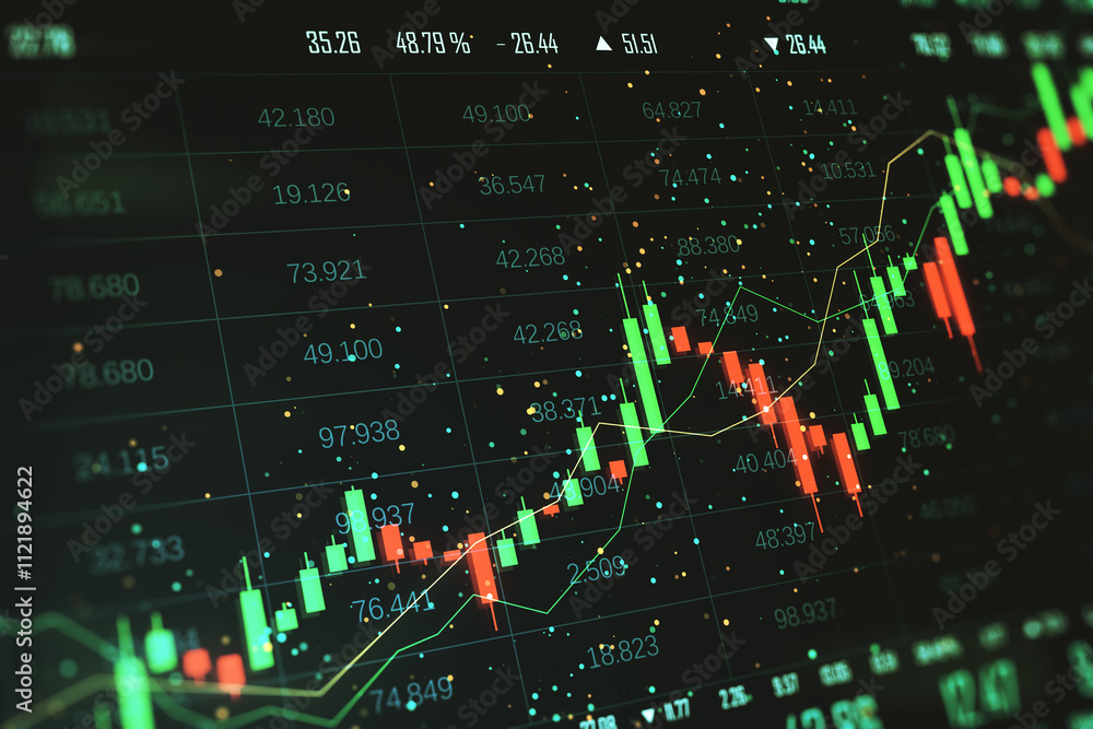 Poster Financial market chart with glowing candlestick graph and data on dark background. 3D Rendering