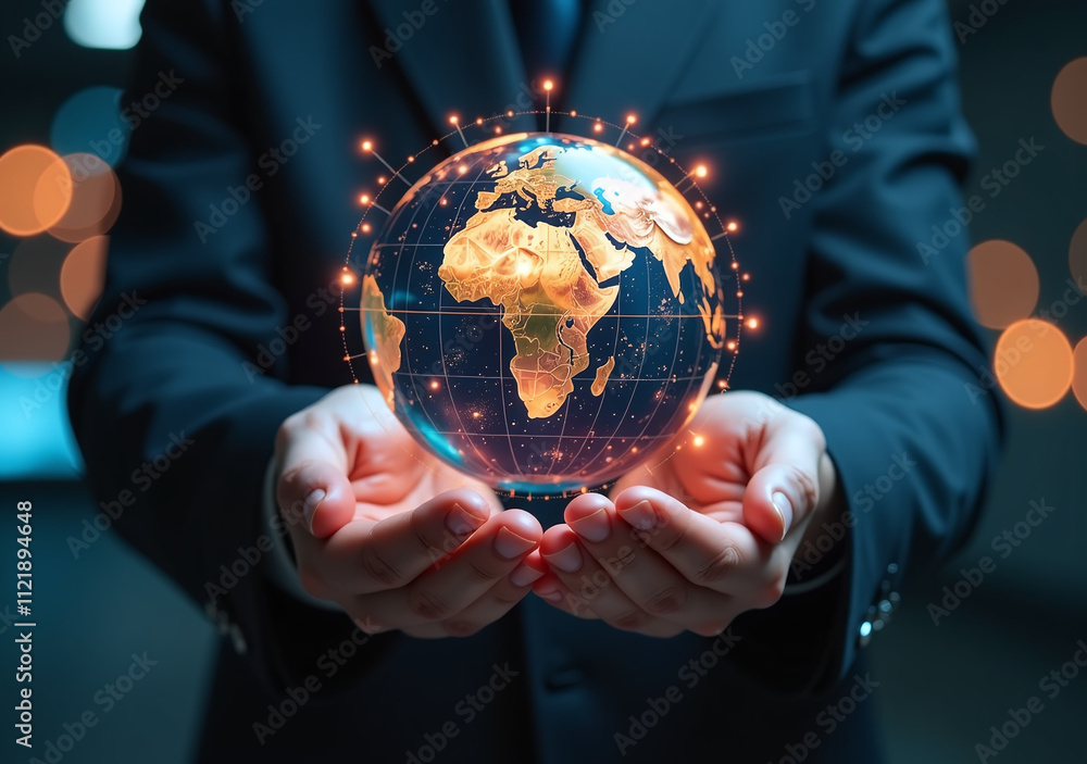 Poster glowing globe held digital hand represents global tech innovation data control futuristic