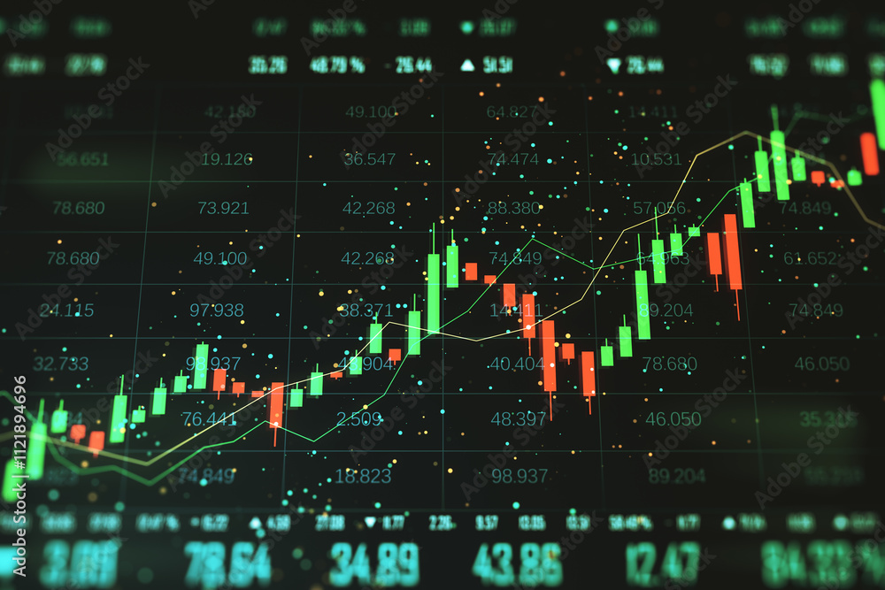 Leinwandbilder Financial chart with candlestick patterns and data points on a digital screen, black and green background, concept of market analysis. 3D Rendering