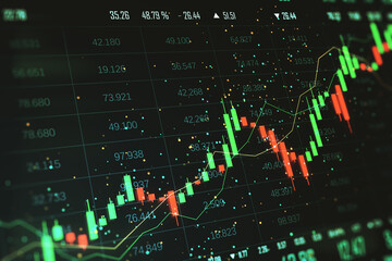Financial market chart with glowing candlestick graph and data on dark background. 3D Rendering