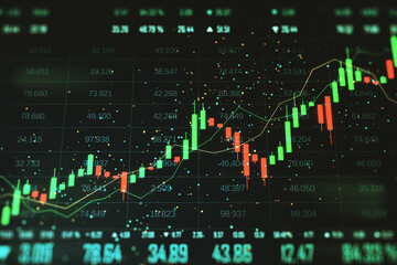 Financial chart with candlestick patterns and data points on a digital screen, black and green background, concept of market analysis. 3D Rendering