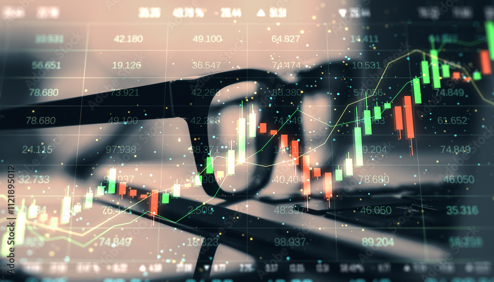 Aufkleber financial data chart with candlestick graph and glasses on blurred background.