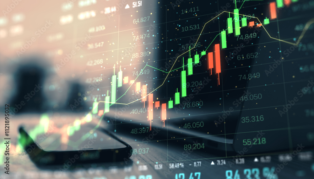 Fototapete financial trading charts and graphs displayed on a screen with a smartphone in the foreground.