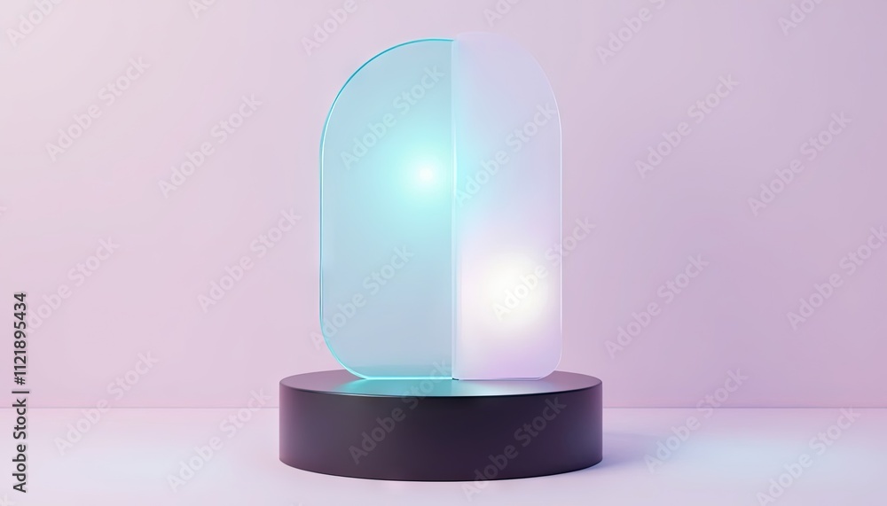 Poster minimalist pastel podium with soft pink and blue lighting, holographic empty showcase platform for p