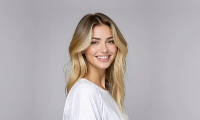 Fototapeta premium Happy smiling female face. Beauty sensual woman portrait. Beauty portrait of a young cute woman. Gorgeous girl. Beautiful portrait of blonde model.