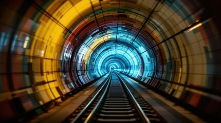 Cinematic photograph of a sleek modern train emerging from a dimly lit tunnel, dramatic lighting and high color contrast