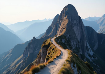 narrow winding path leads challenging ascent steep mountainous peak towards ultimate achievement greatness