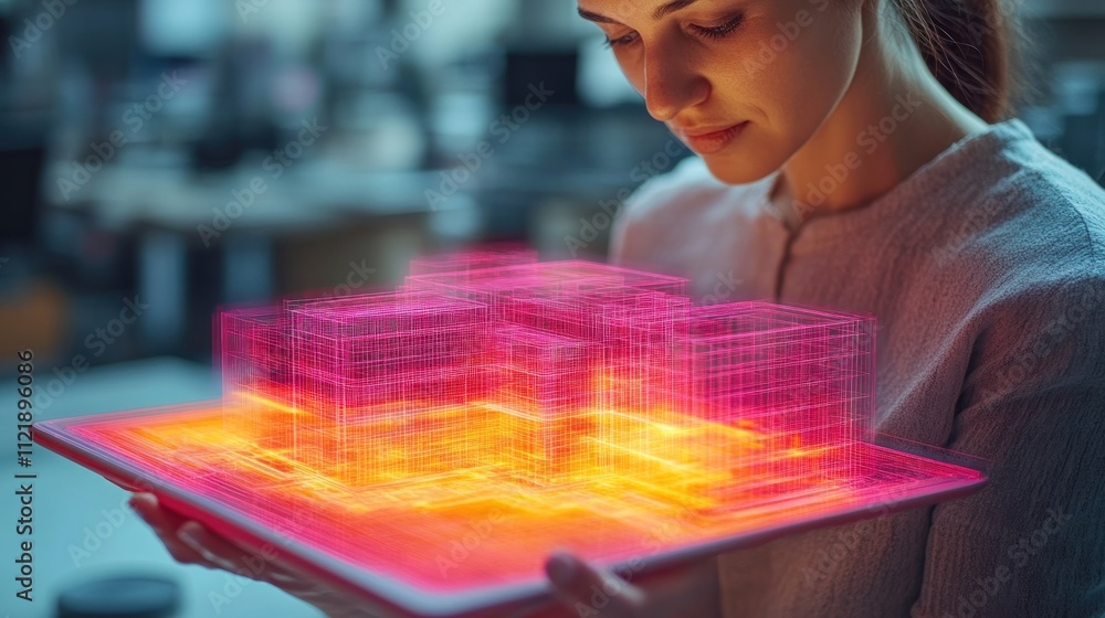 Poster woman interacting with a glowing 3d data visualization
