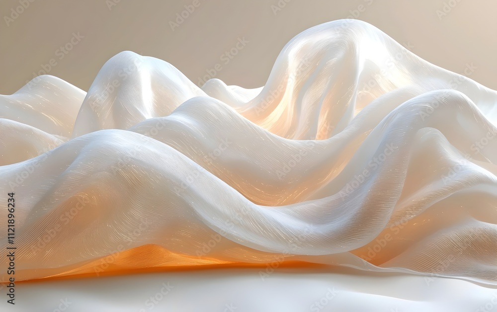 Poster an abstract composition featuring flowing white fabric-like forms, illuminated with warm light, crea