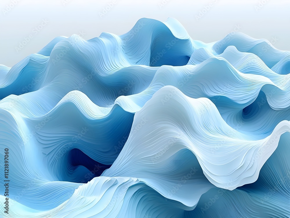 Poster an abstract representation of ocean waves in varying shades of blue, showcasing smooth, flowing curv