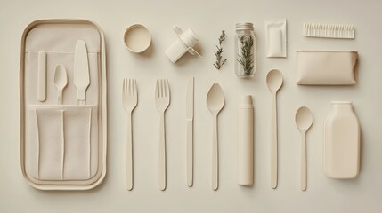 Embrace a zero waste lifestylesymmetrical arrangement of reusable items in a neutral color palette for sustainable living inspiration