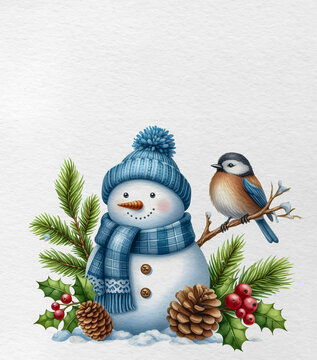 Watercolor illustration of Snowman in a textured paper