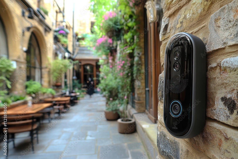 Poster smart doorbell camera captures video call in a serene courtyard setting with greenery