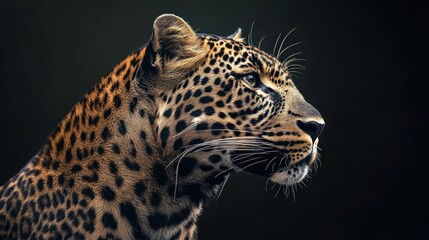 Fototapeta premium Majestic leopard portrait, profile view against dark background.