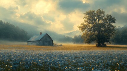 Misty Morning in the Flower Field with Solitary Cabin and Tree