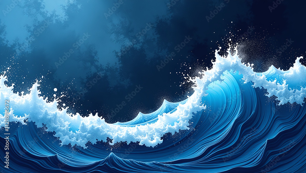 Poster abstract blue white wave patterns overlap textured background contrasting colors black space noisy c