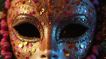 A close-up of a beautifully crafted mask adorned with colorful sequins, capturing the light and creating a dazzling effect, perfect for masquerade balls and festive celebrations.