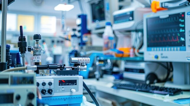 Repairing a medical device in a specialized workshop with all necessary tools and spare parts visible