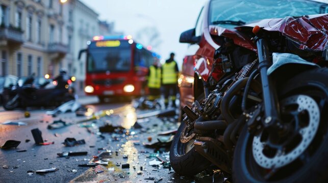 A detailed view of a car and motorcycle accident, with a focus on the extent of damage and the response from emergency services