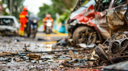 A close-up of the aftermath of a car and motorcycle accident, with debris from both vehicles scattered and rescue teams on site