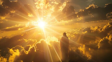 A spiritual encounter  jesus in prayer amid celestial clouds and radiant rays of divine hope
