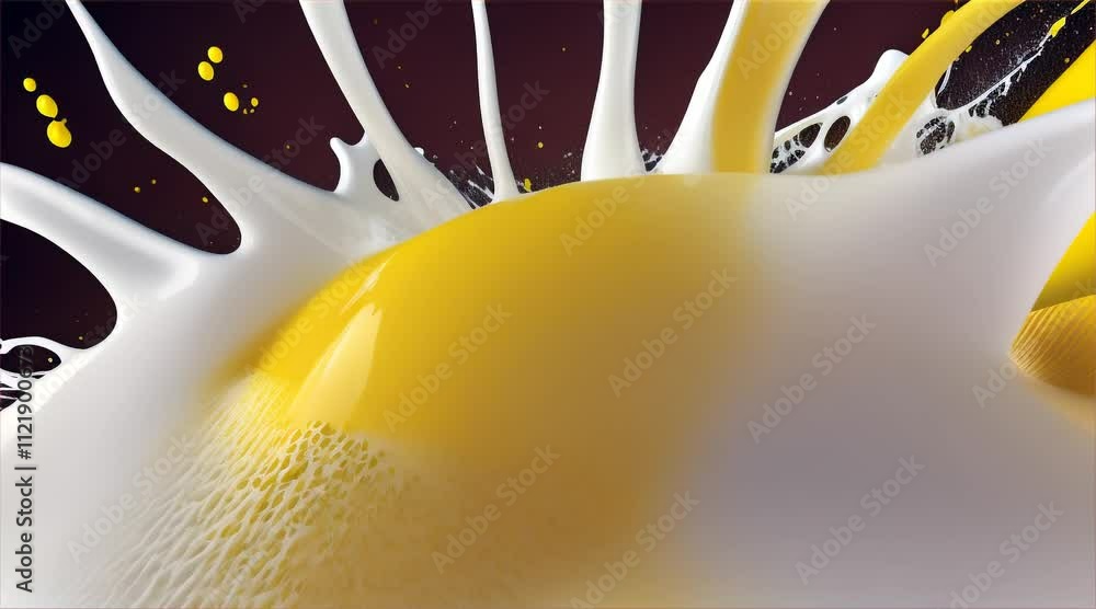 Poster a dynamic splash of white and yellow liquid swirls and flows, creating an abstract, artistic composi