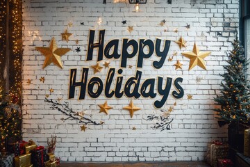 Fototapeta premium Happy holidays graffiti with gold stars wishing joyful festive season