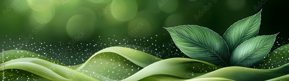 Poster an elegant green background featuring flowing leaves and soft waves, creating a serene and refreshin