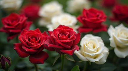 A close-up of red and white roses intertwined in a lush garden, capturing the essence of romance and nature's beauty, ideal for love-themed designs or greeting cards.