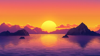 Fototapeta premium Captivating sunset over volcanic islands maritime horizon digital artwork serene ocean scenic viewpoint warm orange-purple sky gradient