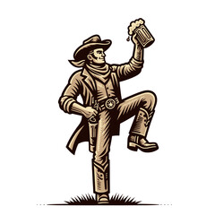 Fototapeta premium Cheerful cowboy with a beer mug, isolated vector illustration. A cowboy wearing a hat, holding a beer mug and raising his leg in a cheerful dance. Vintage-style illustration with a Wild West theme.