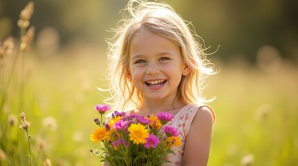 Naklejka premium A joyful young girl holding a vibrant bouquet of wildflowers, standing in a sunlit meadow, capturing the essence of innocence and the beauty of nature.