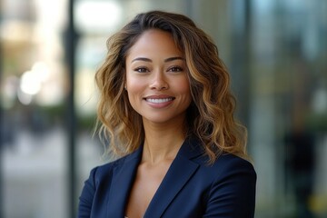 Fototapeta premium Smiling businesswoman posing in modern office building