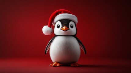 Fototapeta premium Adorable penguin wearing a santa hat against a festive red background