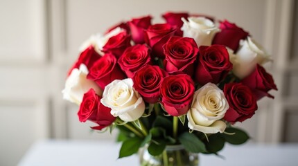 A stunning bouquet of red and white roses elegantly arranged in a glass vase, showcasing the beauty of love and purity, perfect for romantic occasions or celebrations.