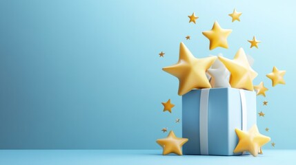 Celestial Gift Surprise: 3D Render of a Light Blue Gift Box Overflowing with Golden Stars Against a Soft Blue Background