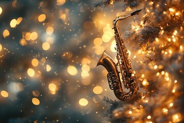 Saxophone hanging on christmas tree with golden bokeh lights