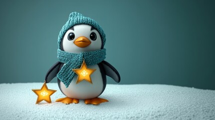 Obraz premium Adorable cartoon penguin wearing a winter scarf and holding stars