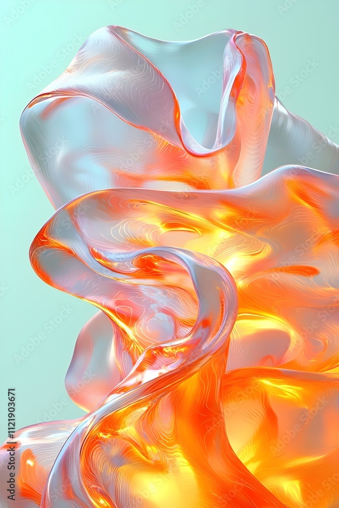 Poster a vibrant abstract sculpture with flowing forms in translucent hues of orange and blue, creating a s