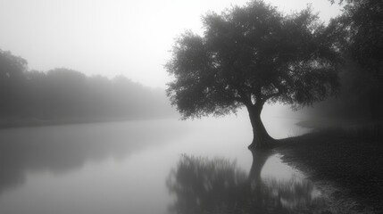 Solitary Tree by Misty Lake in Monochrome