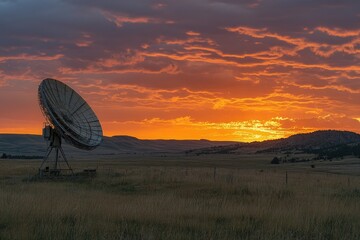 Large radio telescope observing the universe under a fiery sunset sky