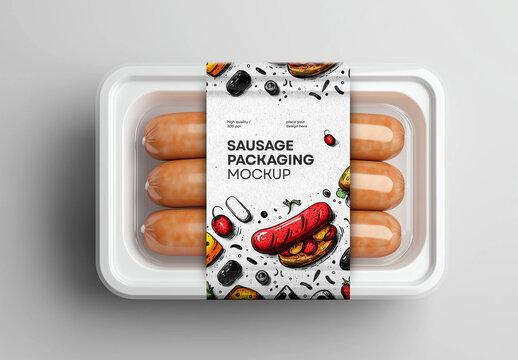 Sausage Packaging Mockup &ndash; Top View Plastic Tray for Meat Branding and Label Presentation