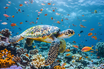 Obraz premium Hawksbill sea turtle swimming in vibrant coral reef with colorful fish.