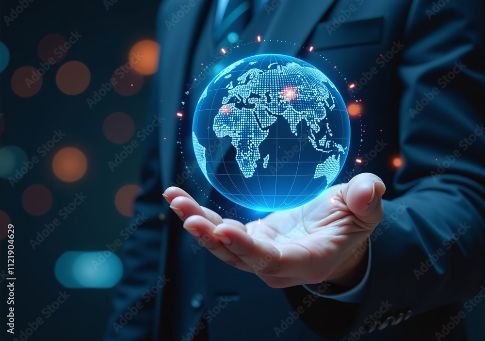 Poster digital human interacts futuristic holographic globe representing global tech connection data